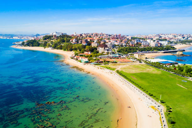 Santander city beach aerial view stock photo