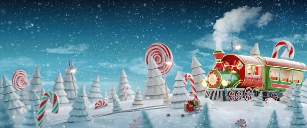 Santa's Christmas train Amazing fairy Santa's Christmas train in a magical forest with candy canes. Unusual Christmas 3d illustration postcard. funny santa cartoons pictures stock pictures, royalty-free photos & images