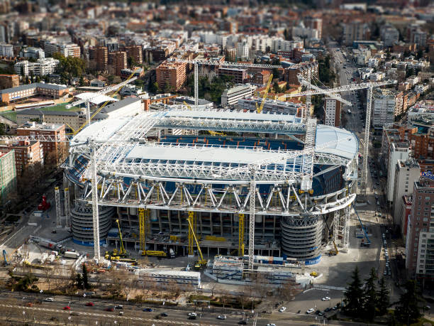 Madrid, Spain - February 05, 2022: Santiago Bernabeu stadium during renovation. Top view. Madrid, Spain - February 05, 2022: Santiago Bernabeu stadium during renovation. Top view real madrid stock pictures, royalty-free photos & images
