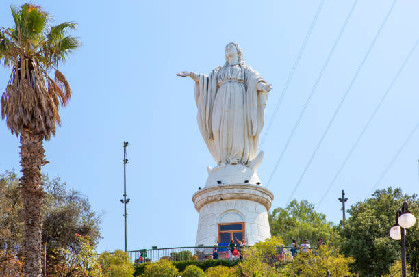 Santiago, Chile,  Statue of the virgin Mary on San Cristobal hill. stock photo