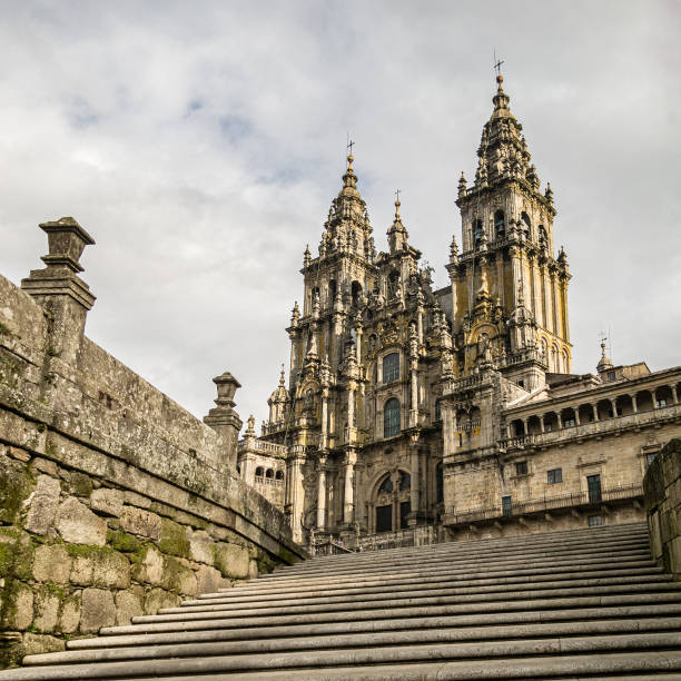 Santiago de Compostela Cathedral. Main facade of the Cathedral of Santiago de Compostela. Stairs to the Plaza del Obradoiro. romanesque stock pictures, royalty-free photos & images