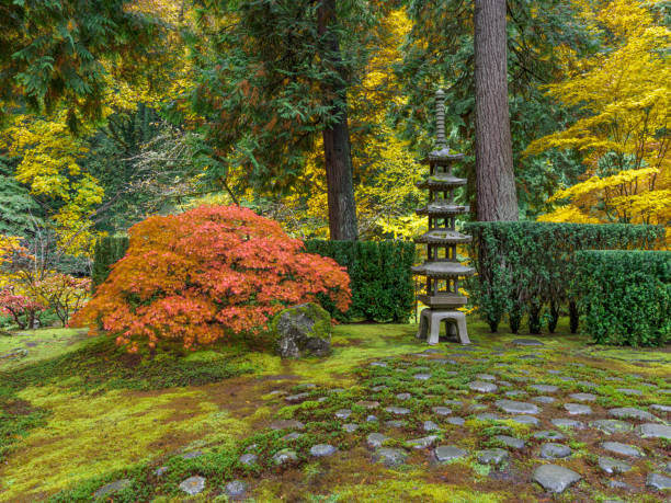 Sapporo Pagoda Lantern with Fall Colors Japanese Garden Portland Oregon stock photo