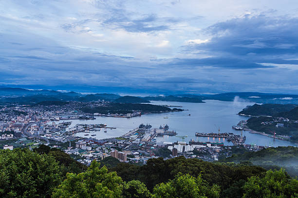 Sasebo city skyline view from mount Yumihari overlook Nagasaki, stock photo