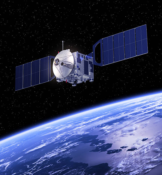 Satellite Orbiting Earth. Satellite Orbiting Earth. 3D Scene. Elements of this image furnished by NASA. european space agency stock pictures, royalty-free photos & images