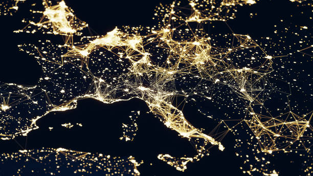 satellitenansicht von europa - verbindungen in städten (world map credits to nasa) - eu währung stock-fotos und bilder