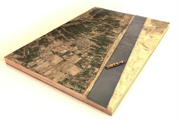 Satellite view of the Suez Canal. Reconstruction of the container ship stranded in the canal. Cargo ship wedged stock photo