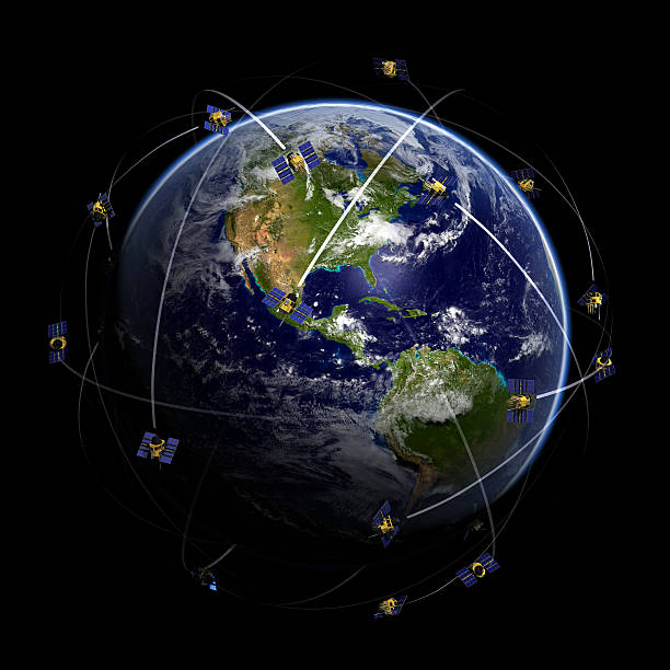 satellites over world globe monitoring gps localization - yapma uydu stok fotoğraflar ve resimler