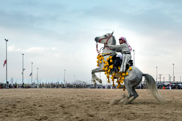 Saudi Arab Horse rider on traditional desert safari festival in abqaiq Saudi Arabia. 10-Jan-2020. Selective focused on the subject background blurred image. stock photo