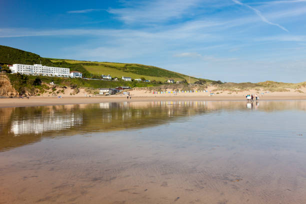 Saunton Sands Devon England UK Reflections on Saunton Sands  Devon England UK Europe braunton stock pictures, royalty-free photos & images