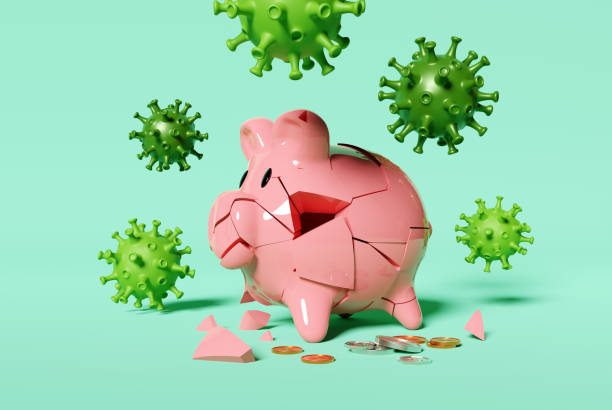 Savings Destroyed By A Virus A cracked piggy bank surrounded by a virus. Covid-19 cornonavirus ruining saving plans and financial futures. 3D illustration ISA stock pictures, royalty-free photos & images