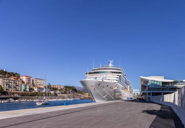 Savona, Italy. Cruise ship at anchor in the port stock photo