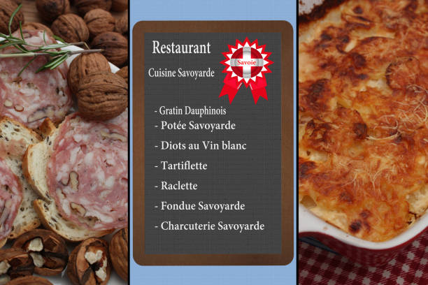 savoyard cuisine menu salsicha carne gratin dauphinois - insigne - fotografias e filmes do acervo
