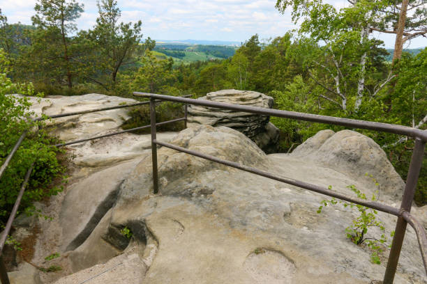 Saxon Switzerland - old hiking trail over sandstone with railings. stock photo