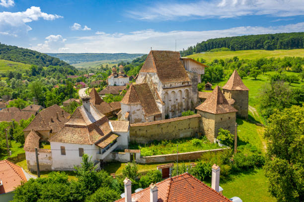 Saxon Village in Transylvania aerial view of Roades stock photo