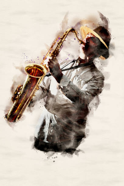 Saxophone Player in Concert (watercolor painting) stock photo