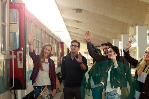 Saying goodbye on a train station stock photo
