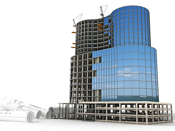 Scale model of a skyscraper with cloud reflection stock photo