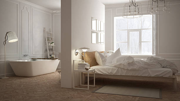 Scandinavian bathroom and bedroom, white minimalistic design, ho stock photo
