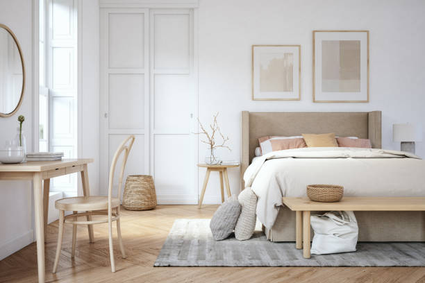 Scandinavian bedroom interior - stock photo Bedroom interior with wooden furniture, 3d render bedroom stock pictures, royalty-free photos & images
