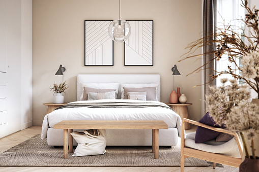Bedroom interior with wooden furniture, 3d render