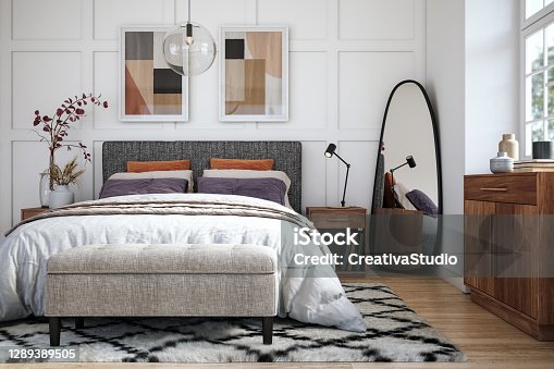 istock Scandinavian bedroom interior - stock photo 1289389505
