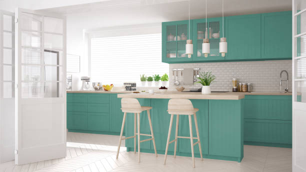 Scandinavian classic kitchen with wooden and turquoise details, minimalistic interior design stock photo