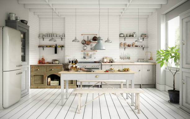 cozinha doméstica escandinava e sala de jantar - bancada de madeira branca - fotografias e filmes do acervo