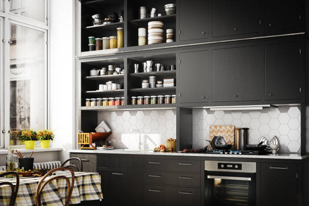 Scandinavian Domestic Kitchen Digitally generated modern Scandinavian domestic kitchen interior scene.

The scene was rendered with photorealistic shaders and lighting in Autodesk® 3ds Max 2019 with V-Ray 3.7 with some post-production added. cabinet stock pictures, royalty-free photos & images