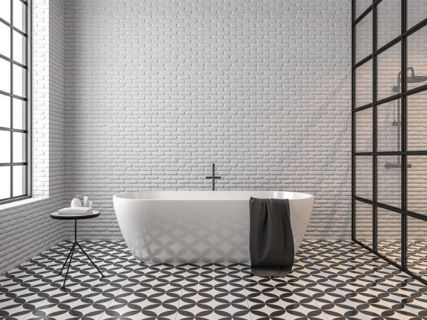Scandinavian loft style bathroom 3d render Scandinavian loft style bathroom 3d render,There are white brick wall, black and white tile floor pattern, There are black metal frame window nature light shining into the room. tile stock pictures, royalty-free photos & images
