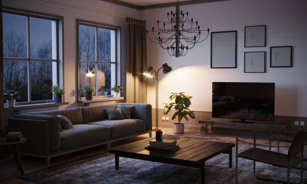 scandinavian style living room in the evening - living room night nobody imagens e fotografias de stock