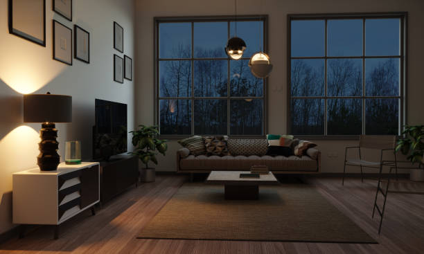 Scandinavian Style Living Room In The Evening Scandinavian style and minimalist designed living room interior scene in the evening. ( 3d render ) night stock pictures, royalty-free photos & images