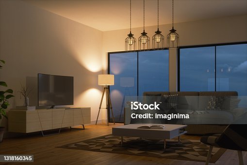 istock Scandinavian Style Living Room Interior At Night 1318160345