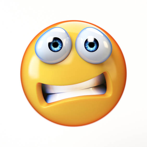 emoji spaventata isolata su sfondo bianco, emoticon nel rendering 3d della paura - angst emoji foto e immagini stock