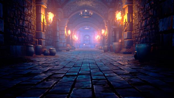 Scary endless medieval catacombs with torches. Mystical nightmare concept. 3D Rendering. Scary endless medieval catacombs with torches. Mystical nightmare concept. View of the ancient catacomb. dreamlike stock pictures, royalty-free photos & images