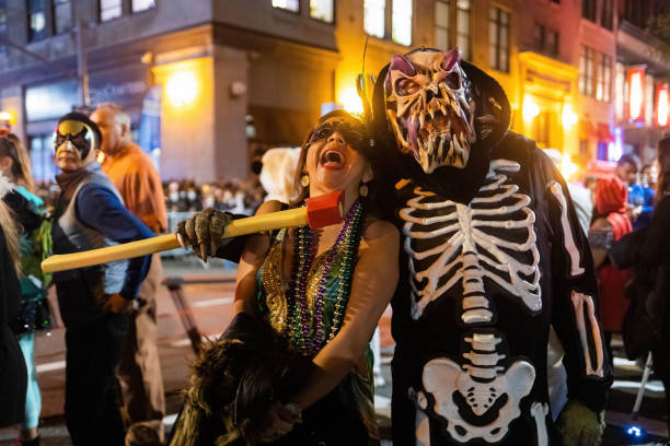 Scary monsters and skeletons performers at NYC Village Halloween parade stock photo