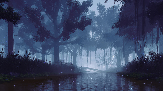Dreamlike woodland landscape with supernatural fairy firefly lights above calm swampy forest river among old creepy trees at misty night. With no people fantasy 3D illustration from my 3D rendering.