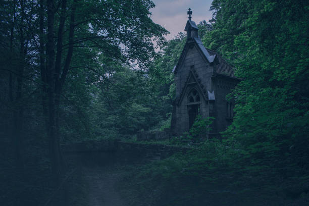 Scary old chapel at night, Hrensko stock photo