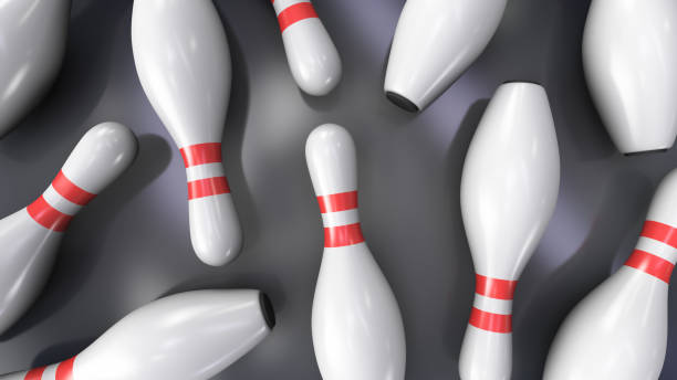 Scattered bowling pins. Bowling strike. Sports theme background. stock photo