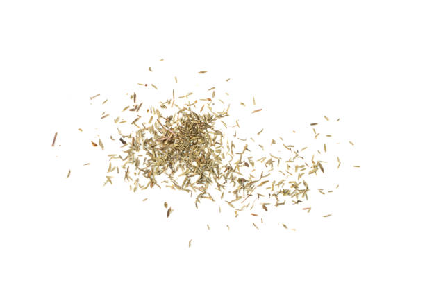 Scattered Pile of Dry Thyme Isolated on White Background stock photo