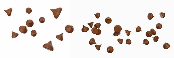 Scattering of tasty chocolate chips on white background Chocolate morsels on white background choco chips 3d illustration 3d rendering stock photo