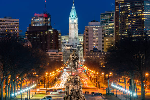 Scene of George Washington statue oand street in Philadelphia over the city hall with cityscape background at the twilight time, United States of America or USA, history and culture for travel concept Scene of George Washington statue oand street in Philadelphia over the city hall with cityscape background at the twilight time, United States of America or USA, history and culture for travel concept baltimore maryland stock pictures, royalty-free photos & images