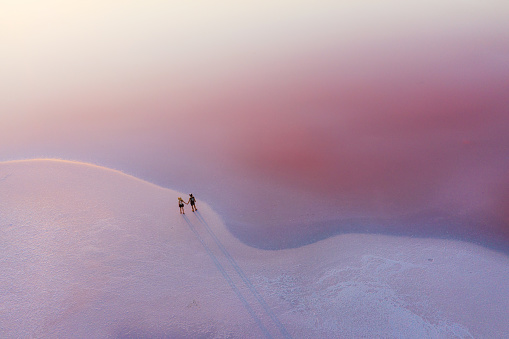 Scenic aerial view of heterosexual walking on pink salt lake
