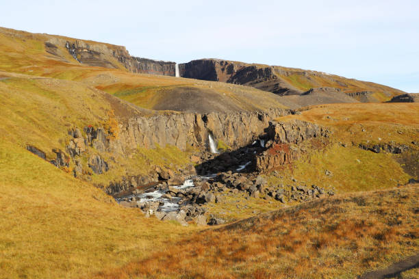 Scenic landscape near the trail leading to the Litlanesfoss and Hengifoss waterfalls. stock photo