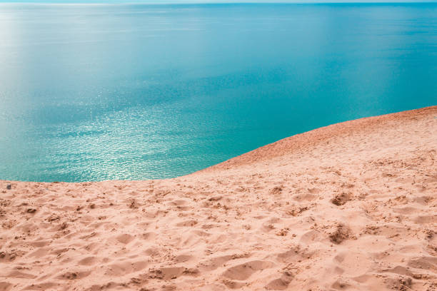 Scenic overlook of Lake Michigan from the top of sleeping bear dunes stock photo