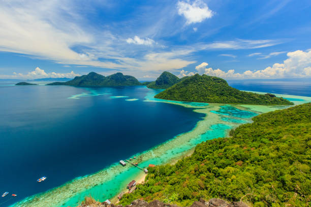scenic panoramic top view of Bohey Dulang Island Semporna, Sabah. stock photo