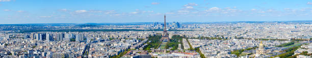 Scenic panoramic view from above on Eiffel Tower, Champ de Mars, Paris, France stock photo