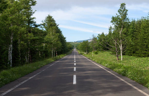Scenic roads bending through the beautiful landscapes of Shiretoko National Park stock photo