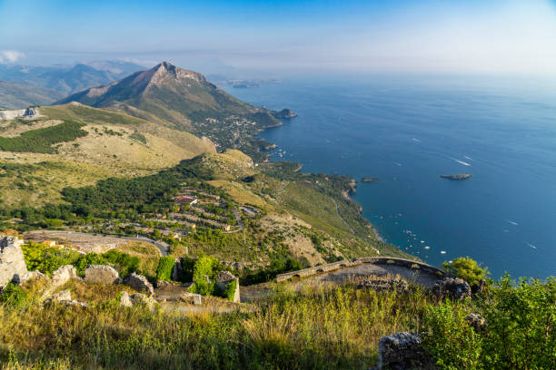 Scenic seascape of Tyrrhenian coastline and Gulf of Policastro viewed from Mount San Biagio in Maratea, Basilicata, Italy stock photo