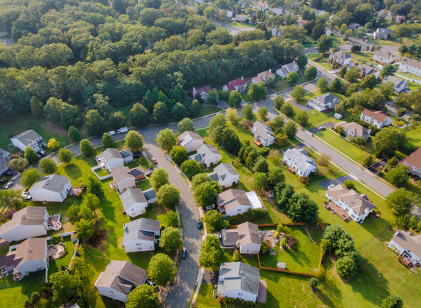 Scenic seasonal landscape from above aerial view of a small town in countryside Cleveland Ohio US stock photo