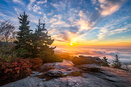 An amazing sunrise over the Blue Ridge Mountains of North Carolina during autumn.